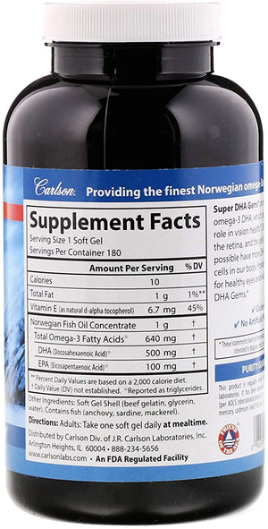 Carlson Super DHA Gems®, 500 mg, 180 Softgels