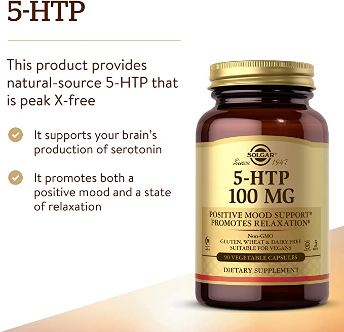 Solgar 5-HTP 100 mg, 90 Vegetable Capsules - Promotes Relaxation - Positive Mood &amp; Stress Support - Non-GMO, Vegan, Gluten Free, Dairy Free, Kosher - 90 Servings