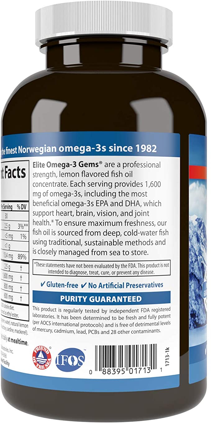 Carlson Elite Omega-3 Gems, 1600 mg Omega-3 with EPA &amp; DHA, Lemon Flavor, 240 Softgels – Wild-Caught Norwegian Fish Oil, Sustainably Sourced