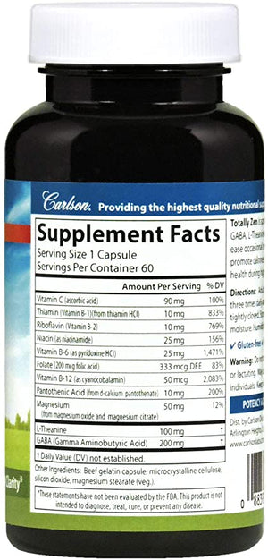 Carlson - Totally Zen, GABA, L-Theanine & B Vitamins, Healthy Mood, Promotes Calmness & Mental Clarity, 60 Capsules