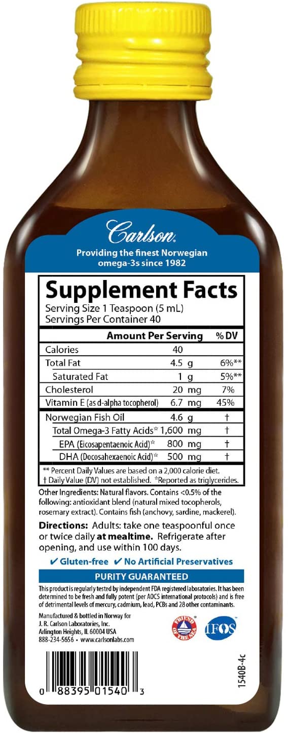 Carlson - The Very Finest Fish Oil, 1600 mg Omega-3s, Liquid Fish Oil Supplement, Norwegian Fish Oil, Wild-Caught, Sustainably Sourced Fish Oil Liquid, Lemon, 200ml, 6.7 Fl Oz