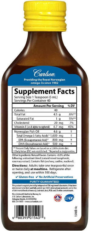 Carlson The Very Finest Fish Oil Lemon, 1600 mg, 6.7 fl oz