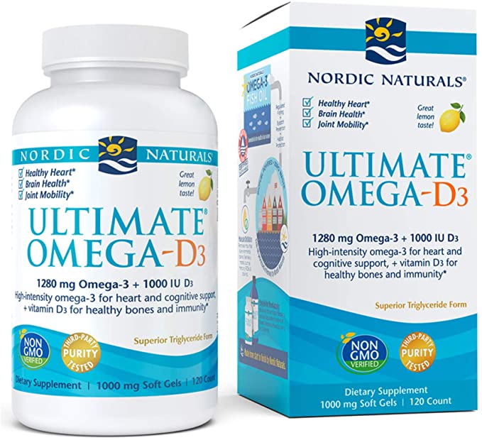 Nordic Naturals Ultimate Omega-D3, Lemon Flavor - 120 Soft Gels - 1280 mg Omega-3 + 1000 IU Vitamin D3 - EPA &amp; DHA - Promotes Brain, Heart, &amp; Immune Health - 60 Servings