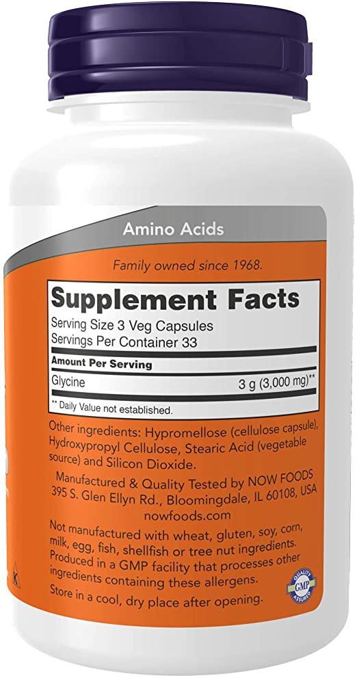 NOW Foods Supplements, Glycine 1,000 mg Free-Form, Neurotransmitter Support*, 100 Veg Capsules