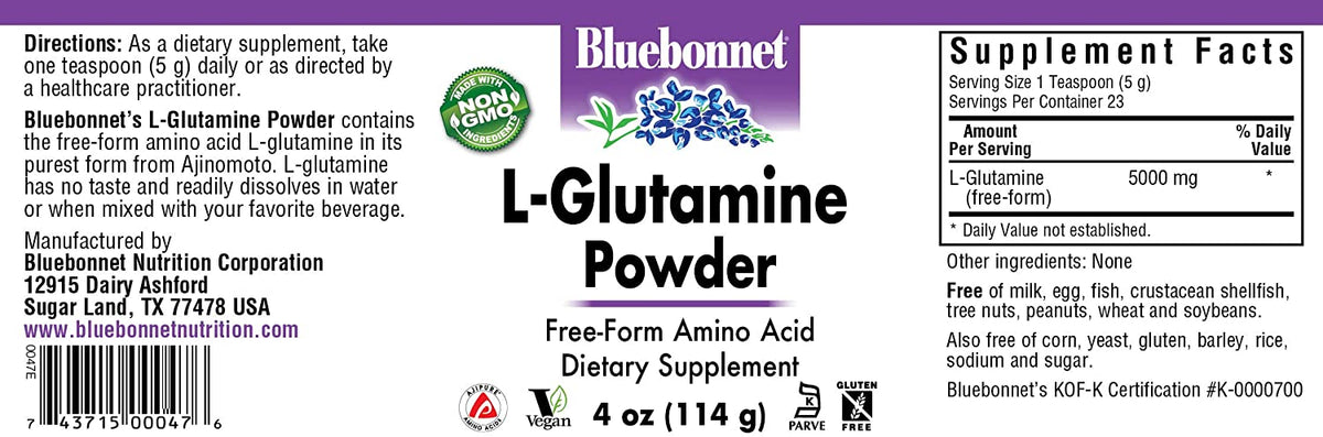 Bluebonnet Nutrition L-Glutamine Powder 5000mg, Supports Immune Function*, Nitrogen Transporter*, Soy-Free, Gluten-Free, Non-GMO, Kosher Certified, Vegan, 4 oz Bottle, 23 Servings