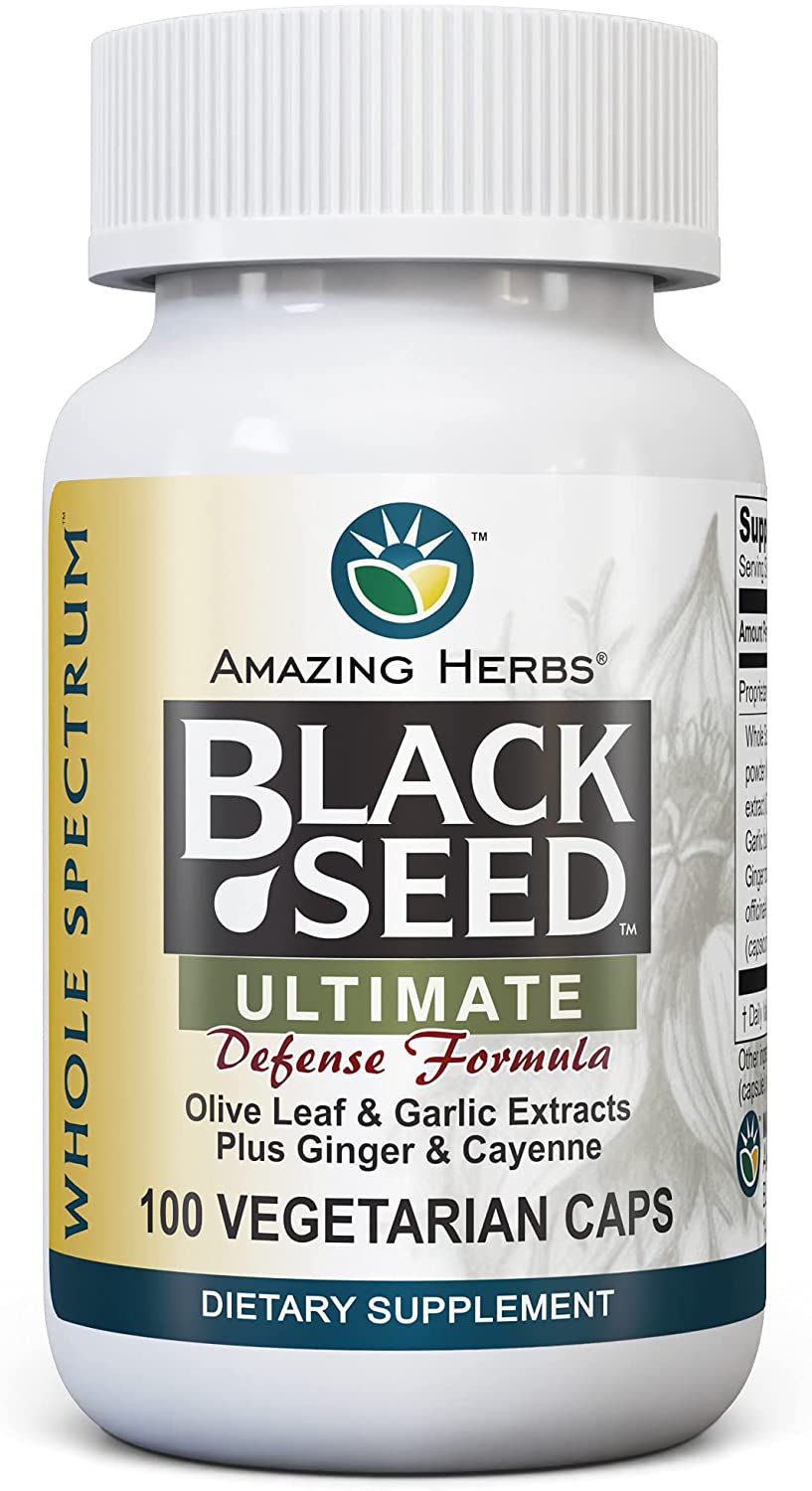 Amazing Herbs Whole Spectrum Black Seed Ultimate, Vegetarian Capsules - Olive Leaf & Garlic Extracts Plus Ginger & Cayenne, Gluten Free, Non GMO, Vegan - 100 Count