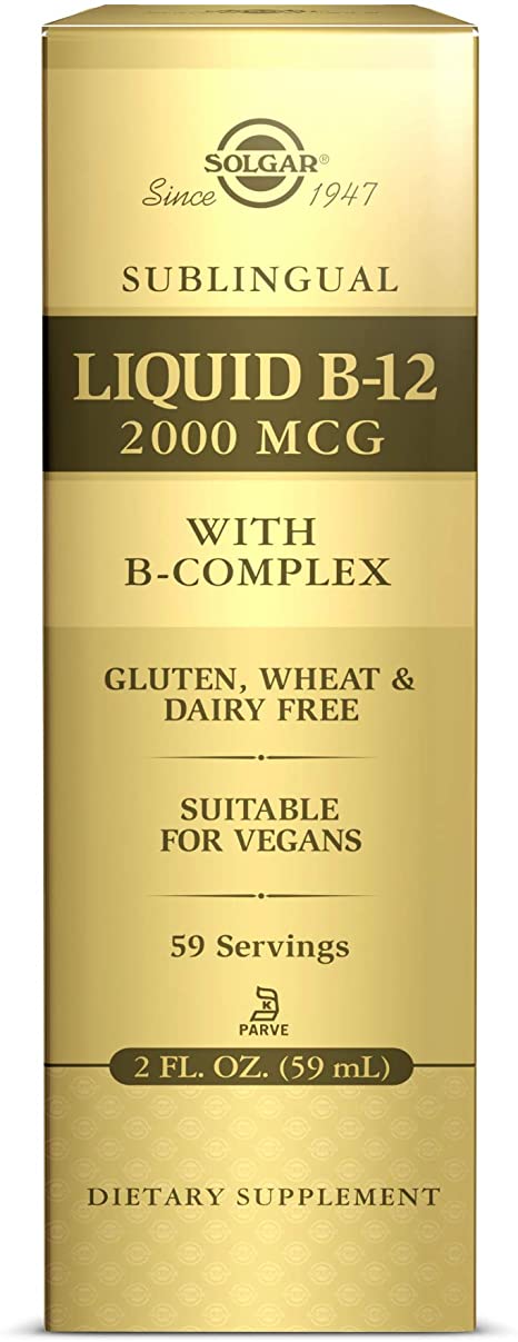 Solgar Sublingual Liquid B-12 2000 mcg with B-Complex - 2 fl oz - Supports Production of Energy, Red Blood Cells, Healthy Nervous System &amp; Heart Health - Vegan, Gluten Free - 59 Total Servings