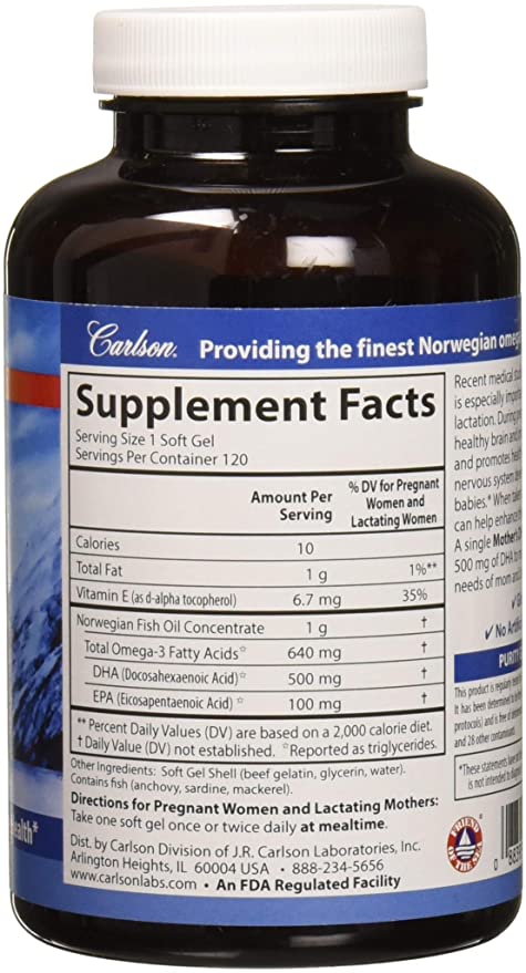 Carlson - Mother&#39;s DHA, 500 mg DHA, Prenatal Support, Fetal Development &amp; Immune Health, 120 Softgels
