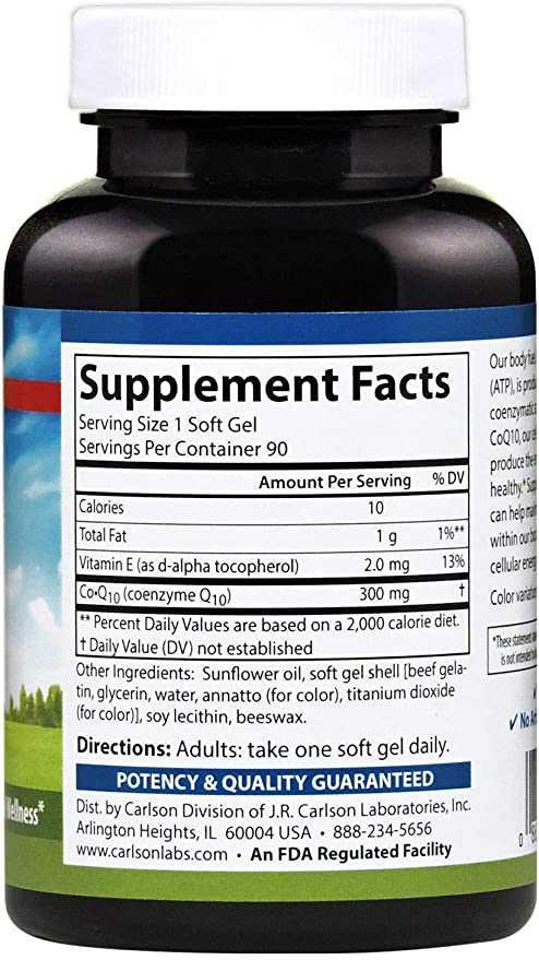 Carlson - Co-Q10, Co-Enzyme Q10, 300 mg, Energy Production & Heart Function, 90 Softgels