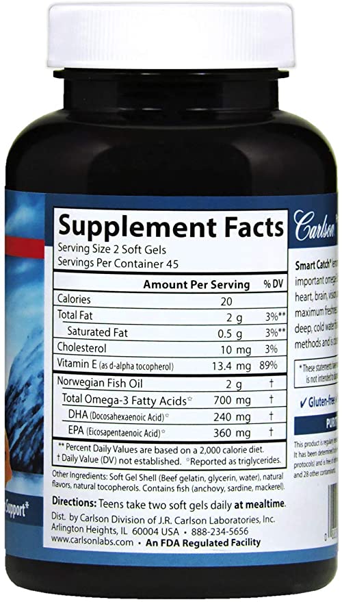 Carlson - Teen's Smart Catch, 700 mg Omega-3s, Cognitive Development, Brain Function & Vision Support, Lemon, 90 Softgels