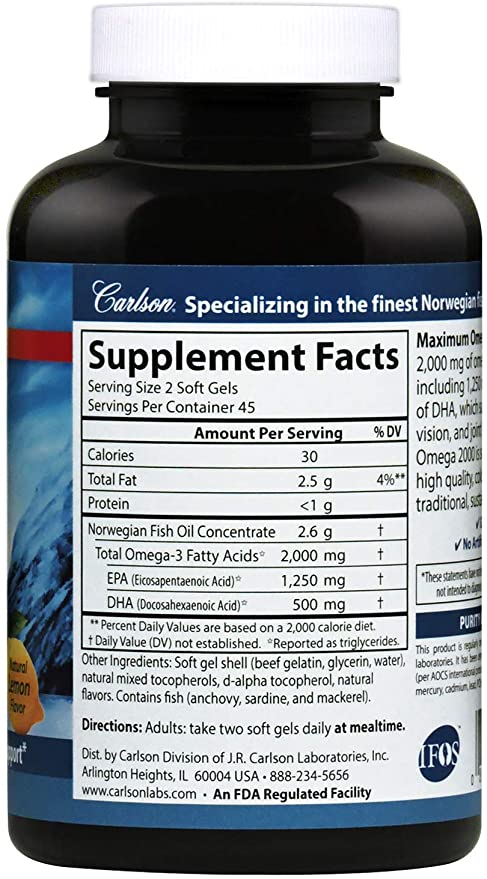 Carlson - Maximum Omega 2000, 2000 mg Omega-3s, Healthy Heart, Brain Function &amp; Vision Support, Lemon, 90 soft gels