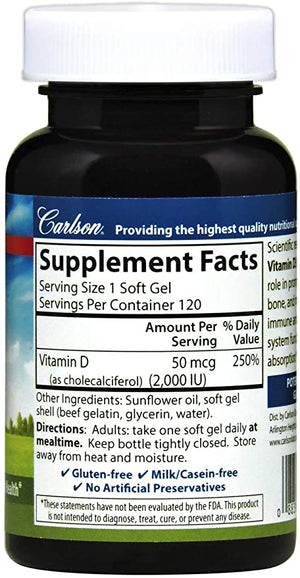 Carlson - Vitamin D3, 2000 IU (50 mcg), Immune Support, Bone Health, Muscle Health, Cholecalciferol, Vitamin D Supplements, Vitamin D3 Soft Gels, 120 Softgels