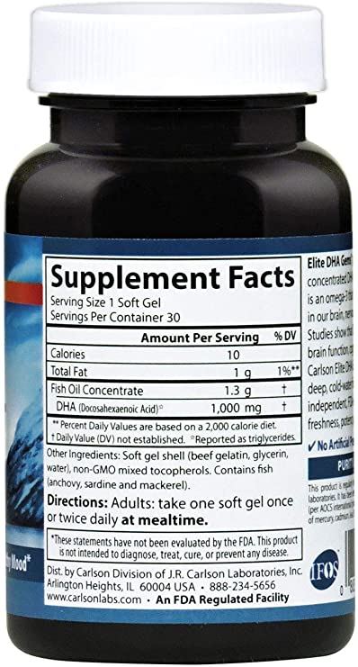 Carlson - Elite DHA Gems, 1000 mg DHA, Supports Healthy Brain Function &amp; Vision, 30 soft gels