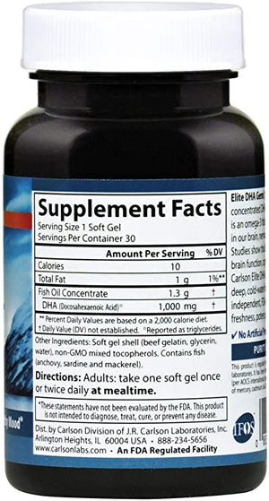 Carlson - Elite DHA Gems, 1000 mg DHA, Supports Healthy Brain Function & Vision, 30 soft gels