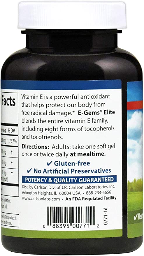 Carlson - E-Gems Elite, 400 IU (268 mg) Vitamin E with Tocopherols and Tocotrienols, Optimal Wellness, 120 Soft Gels