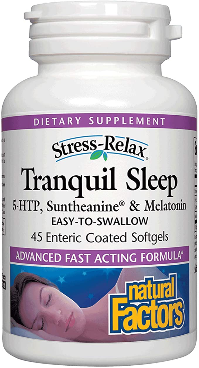 Stress-Relax Tranquil Sleep by Natural Factors, Sleep Aid with Suntheanine L-Theanine, 5-HTP, Melatonin, 45 softgels (22 servings)