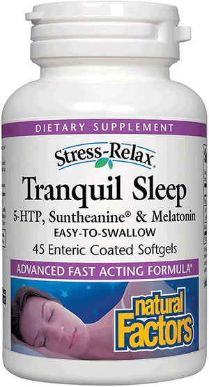 Stress-Relax Tranquil Sleep by Natural Factors, Sleep Aid with Suntheanine L-Theanine, 5-HTP, Melatonin, 45 softgels (22 servings)