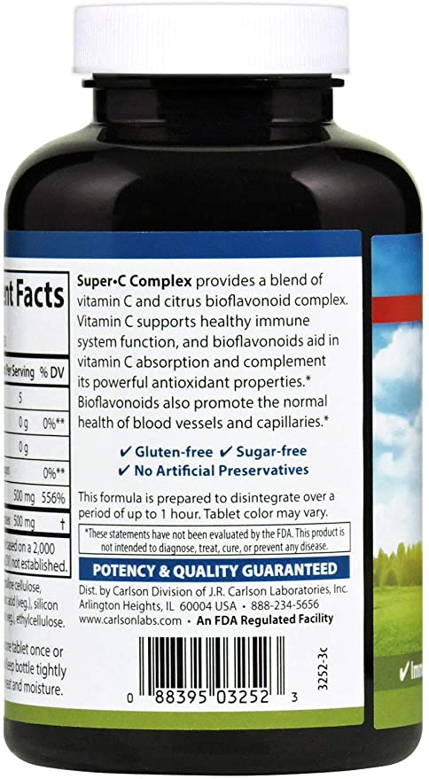 Carlson - Super-C Complex, Vitamin C + Bioflavonoids, Immune Function & Optimal Wellness, Antioxidant, 250 Vegetarian Tablets