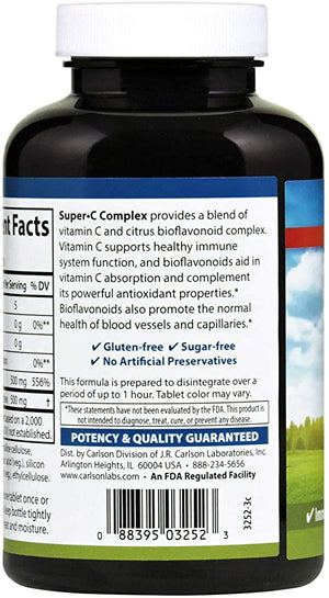 Carlson - Super-C Complex, Vitamin C + Bioflavonoids, Immune Function & Optimal Wellness, Antioxidant, 250 Vegetarian Tablets