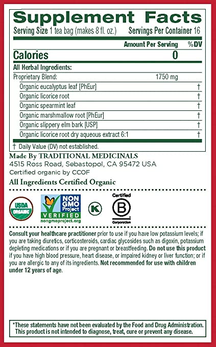 Traditional Medicinals Tea, Organic Throat Coat Eucalyptus, Throat and Respiratory Support, 16 Tea Bags