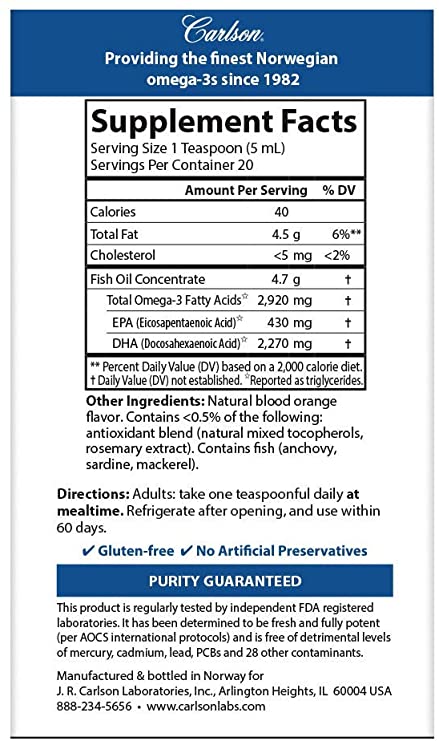 Carlson - Elite DHA, 2270 mg DHA, Professional Strength, Norwegian Fish Oil Concentrate, Cognitive Function &amp; Vision Support, Orange, 100 mL