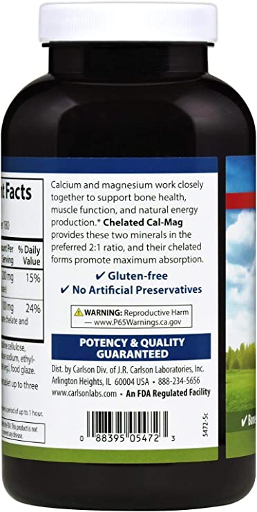 Carlson - Chelated Cal-Mag, 2:1 Calcium to Magnesium Ratio, Bone Support, Muscle Function &amp; Energy Production, 180 Tablets