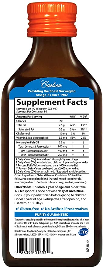 Carlson - Kid&#39;s The Very Finest Fish Oil, 800 mg Omega-3s, Norwegian, Sustainably Sourced, Orange, 200 mL