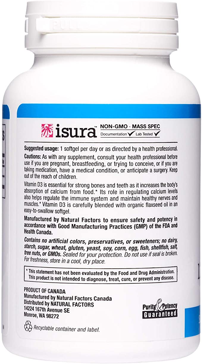 Natural Factors, Vitamin D3 5000 IU, Supports Strong Bones, Teeth, and Muscle and Immune Function with Flaxseed Oil, 240 softgels (240 servings)