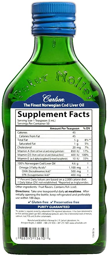 Carlson - Cod Liver Oil, Omega-3s EPA &amp; DHA, Heart, Brain, Vision &amp; Joint Health, Norwegian, Fruit Splash, 250 ml