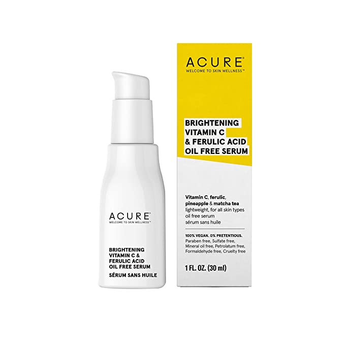 ACURE Face Brightening Vitamin C &amp; Ferulic Acid Serum - Day &amp; Night Oil Free Glowing Facial Serum - Vitamin C, Ferulic Acid &amp; Pineapple Extract For Natural Brighter Look - for All Skin Types 1 fl oz