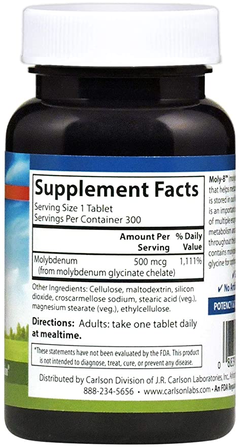 Carlson - Moly-B, Chelated Molybdenum Supplements, Metabolism Support &amp; Enzyme Activation, Molybdenum Glycinate Chelate, 300 Vegetarian Tablets
