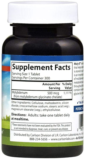 Carlson - Moly-B, Chelated Molybdenum Supplements, Metabolism Support & Enzyme Activation, Molybdenum Glycinate Chelate, 300 Vegetarian Tablets