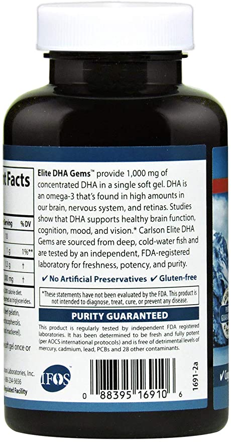 Carlson - Elite DHA Gems, 1000 mg DHA, Wild Caught, Sustainably Sourced, Brain Function & Healthy Vision, 60 Softgels