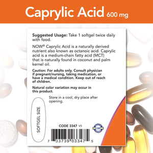 NOW Caprylic Acid, 600 mg, 100 Softgels