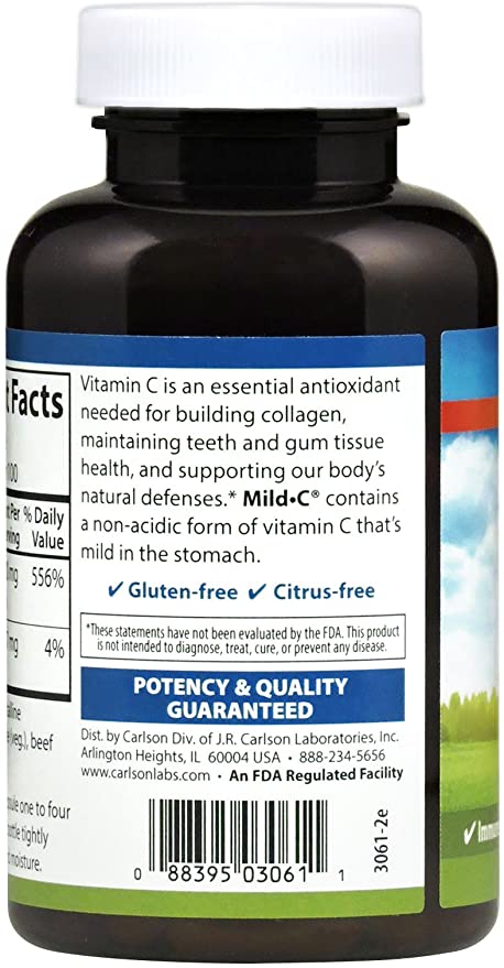 Carlson - Mild-C, 500 mg, Buffered Vitamin C, Immune Support &amp; Optimal Wellness, Antioxidant, 100 Capsules