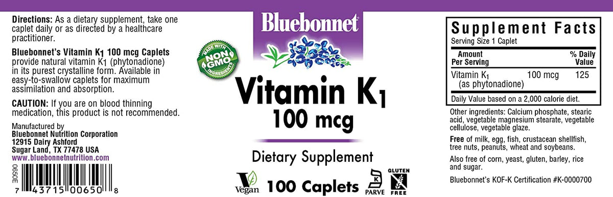 Bluebonnet Vitamin K1 100 mcg Supports Bone Health - Phylloquinone Crystalline Vitamin K Supplement - Non-GMO, Kosher Certified, Gluten-Free, Dairy-Free - 100 Vegan Caplets