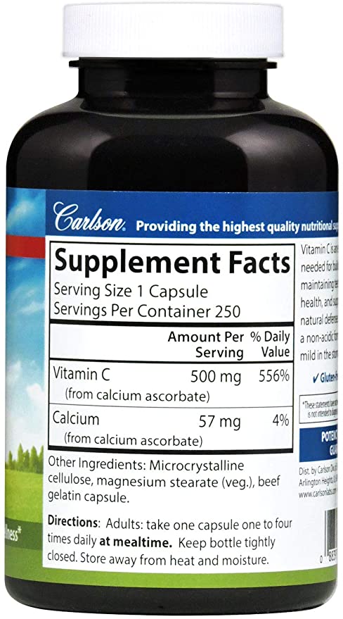 Carlson - Mild-C, 500 mg Buffered Vitamin C, Immune Support &amp; Optimal Wellness, Antioxidant, 250 capsules