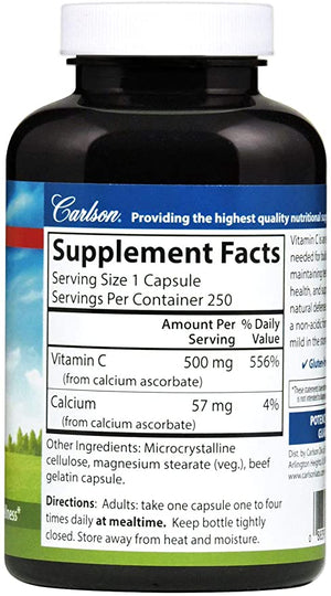 Carlson - Mild-C, 500 mg Buffered Vitamin C, Immune Support & Optimal Wellness, Antioxidant, 250 capsules