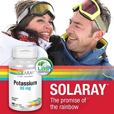 Solaray Potassium 99 mg - Electrolyte Balance Formula - Potassium Supplement for Electrolytes, Vascular and Heart Health Support - 60-Day Money Back Guarantee, Lab Verified, 200 Servings, 200 VegCaps