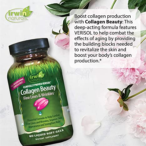 Irwin Naturals Collagen Beauty - 80 Liquid Softgels - Helps Combat Fine Lines & Wrinkles, Improves Skin Appearance & Strengthens Nails - 13 Total Servings
