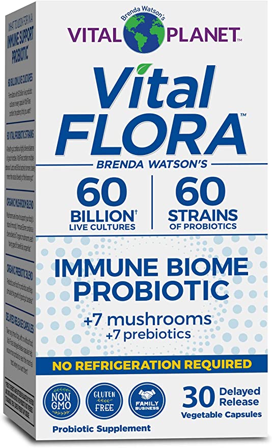 Vital Planet - Vital Flora Immune Support Probiotic, 60 Billion CFU, 60 Diverse Strains, 7 Organic Mushroom Supplement Blend with Prebiotics, Shelf Stable Digestive Health Probiotics 30 Capsules
