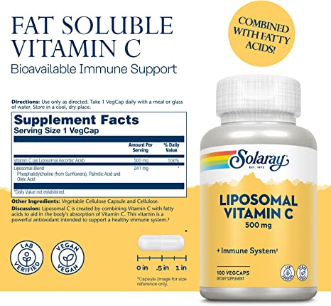 SOLARAY Liposomal Vitamin C 500mg - Enhanced Absorption Vitamin C Liposomal Blend with Fatty Acids - Antioxidant and Immune Support Supplement - Vegan, 60-Day Guarantee, 100 Servings, 100 VegCaps