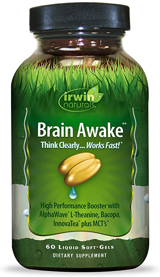 Irwin Naturals Brain Awake Enhanced Mental Performance, Increased Focus, Boost Clarity &amp; Concentration - Powerful Nootropic Booster with L-Theanine, Bacopa, MCT&#39;s &amp; InnovaTea - 60 Liquid Softgels