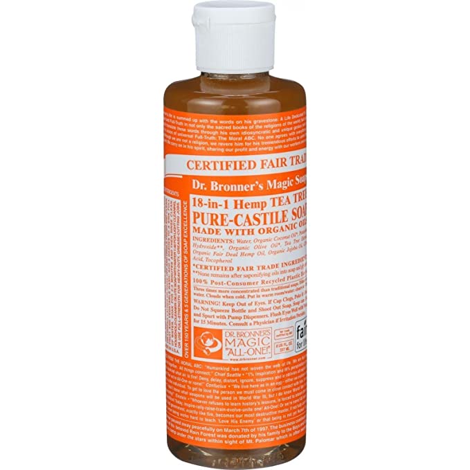 Dr. Bronner&#39;s - Pure-Castile Liquid Soap (Tea Tree, 8 ounce) - Made with Organic Oils, 18-in-1 Uses: Acne-Prone Skin, Dandruff, Laundry, Pets and Dishes, Concentrated, Vegan, Non-GMO