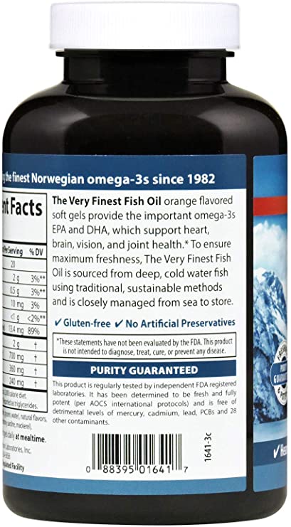 Carlson - The Very Finest Fish Oil, 700 mg Omega-3s, Norwegian Fish Oil Supplement, Wild Caught Omega 3 Fish Oil, Sustainably Sourced Fish Oil Capsules, Omega 3 Supplement, Orange, 120 Softgels