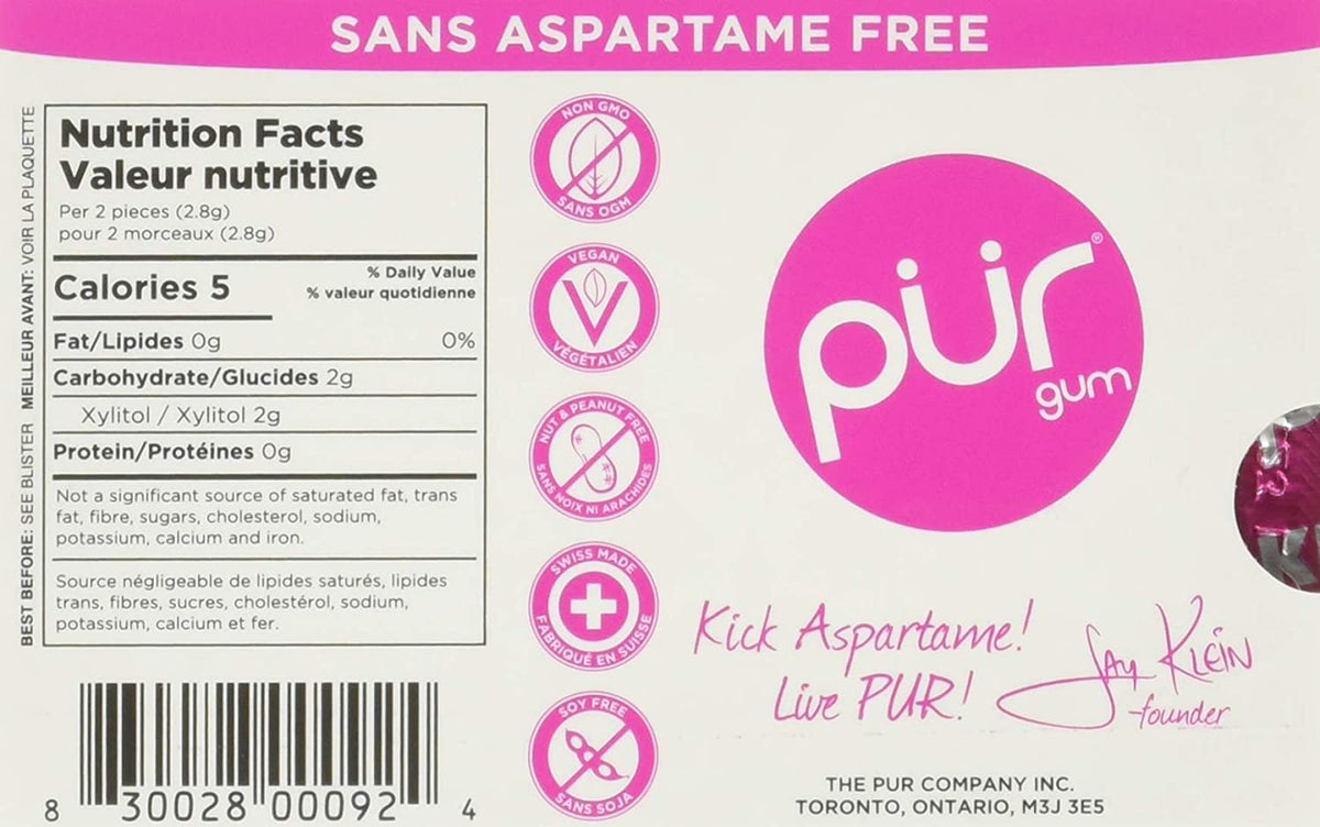 PUR 100% Xylitol Chewing Gum, Pomegranate Mint, Sugar-Free + Aspartame Free, Vegan + non GMO, 9 Count