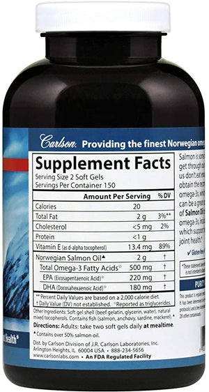 Carlson - Norwegian Salmon Oil, 500 mg Omega-3s, Norwegian Salmon Oil Supplement, Wild Caught Omega 3 Salmon Oil Capsules, Sustainably Sourced, Brain, Heart & Joint Health, 300 Softgels