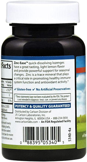 Carlson - Zinc-Ease, Soothing Lozenge, Immune Support & Optimal Wellness, Antioxidant, Lemon, 42 Lozenges