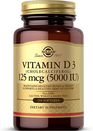 Solgar Vitamin D3 (Cholecalciferol) 125 mcg (5000 IU), 100 Softgels - Helps Maintain Healthy Bones & Teeth - Immune System Support - Non-GMO, Gluten Free, Dairy Free - 100 Servings