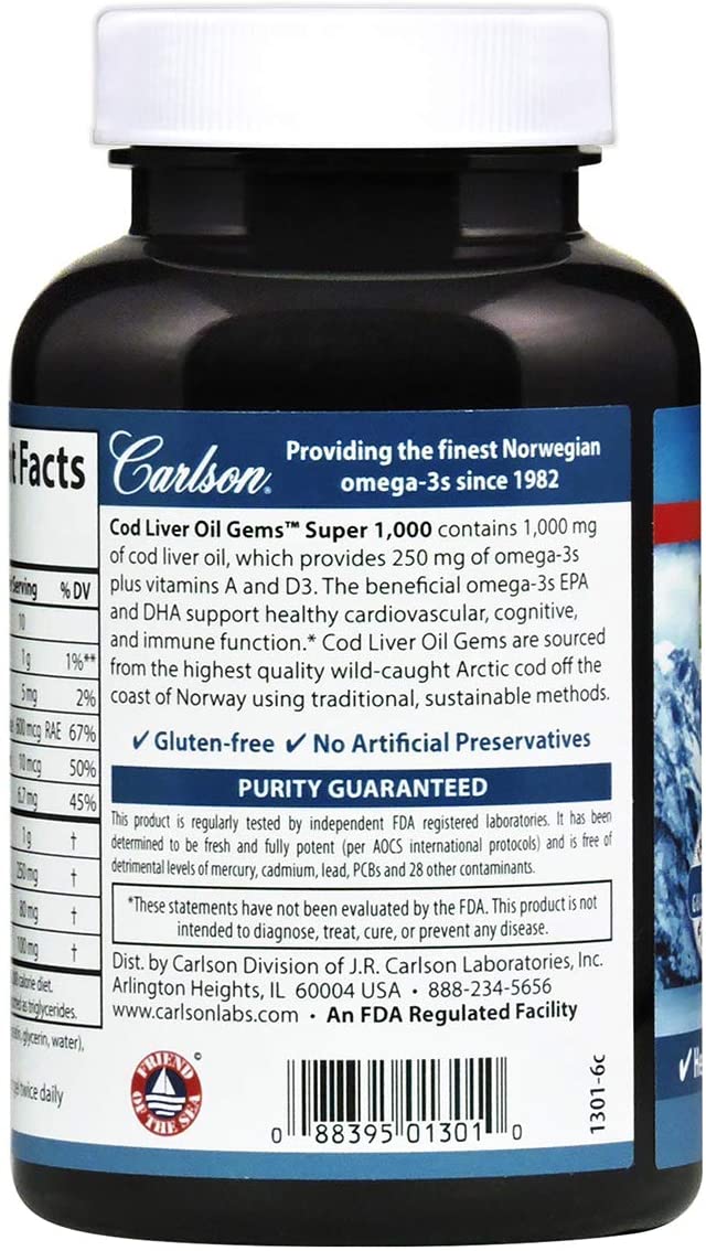 Carlson - Cod Liver Oil, Super 1000 mg + Vitamins A &amp; D3, Wild Norwegian, Sustainably Sourced, 100 Softgels